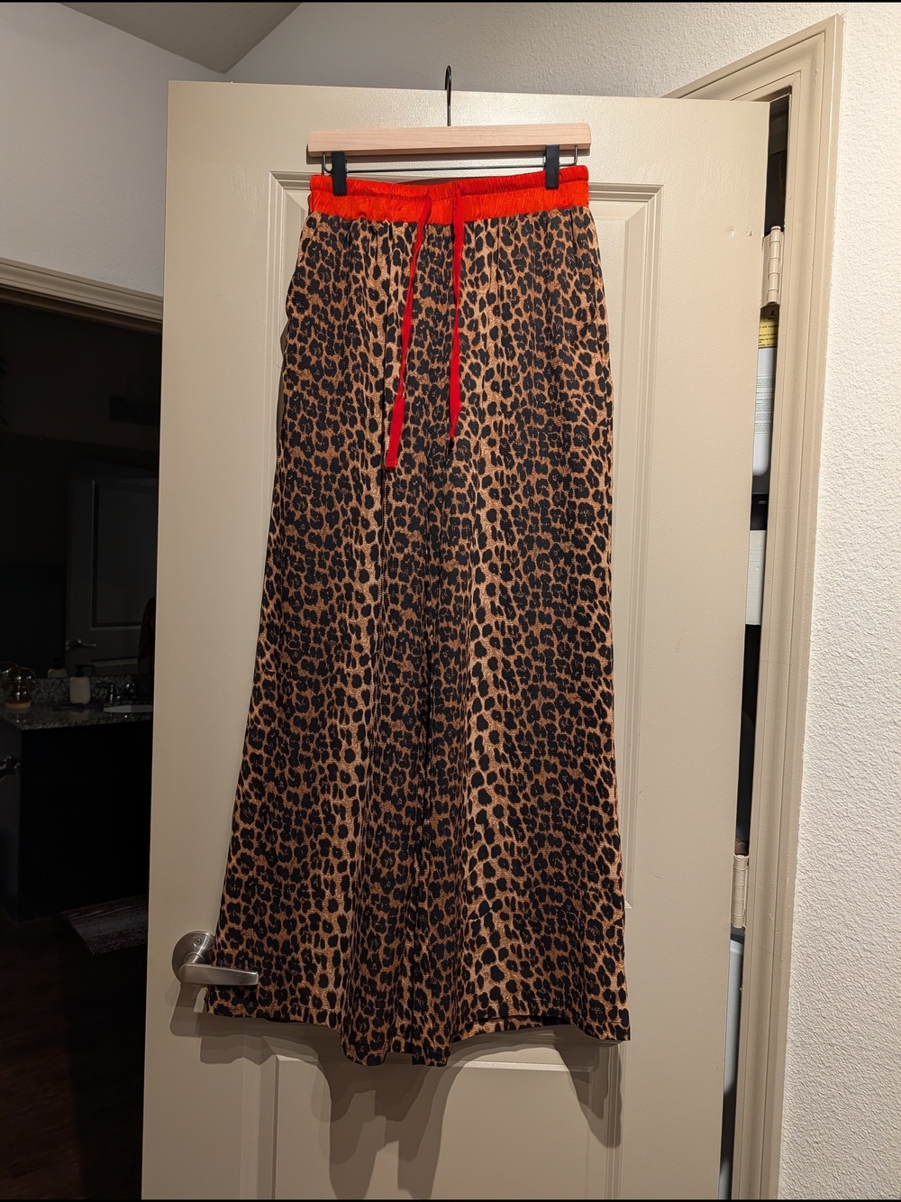 NWOT Dressed In Lala Leopard Print Wide-Leg Pants with Red Waistband - Picture 2 of 4